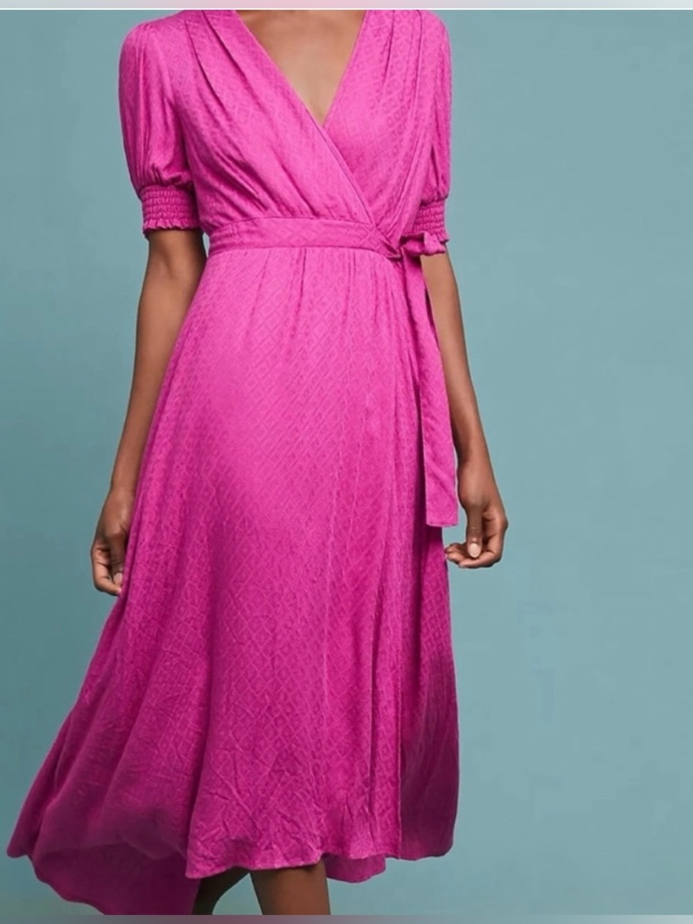 Anthropologie Hot Pink Wrap Midi Dress with Puff Sleeves